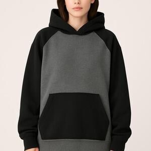 Black & Gray Colorblock Fleece Hoodie – XL Cozy Streetwear